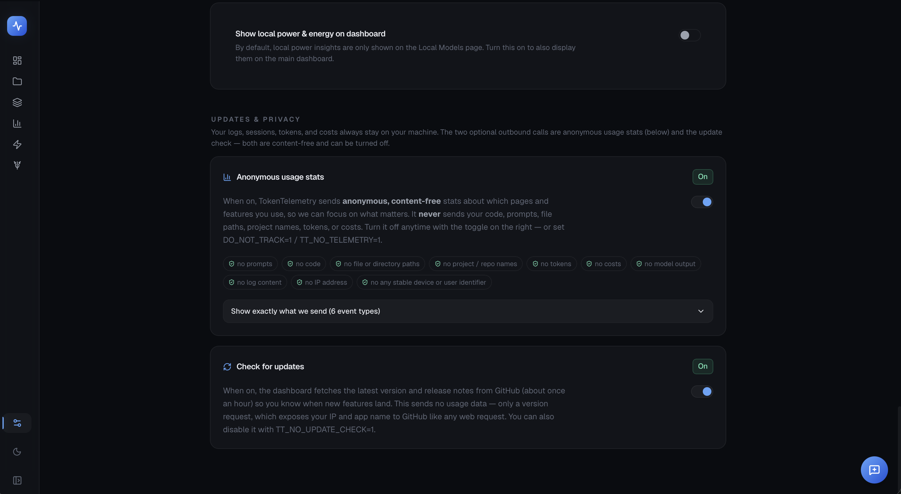 Updates & Privacy settings showing the Anonymous usage stats and Check for updates toggles