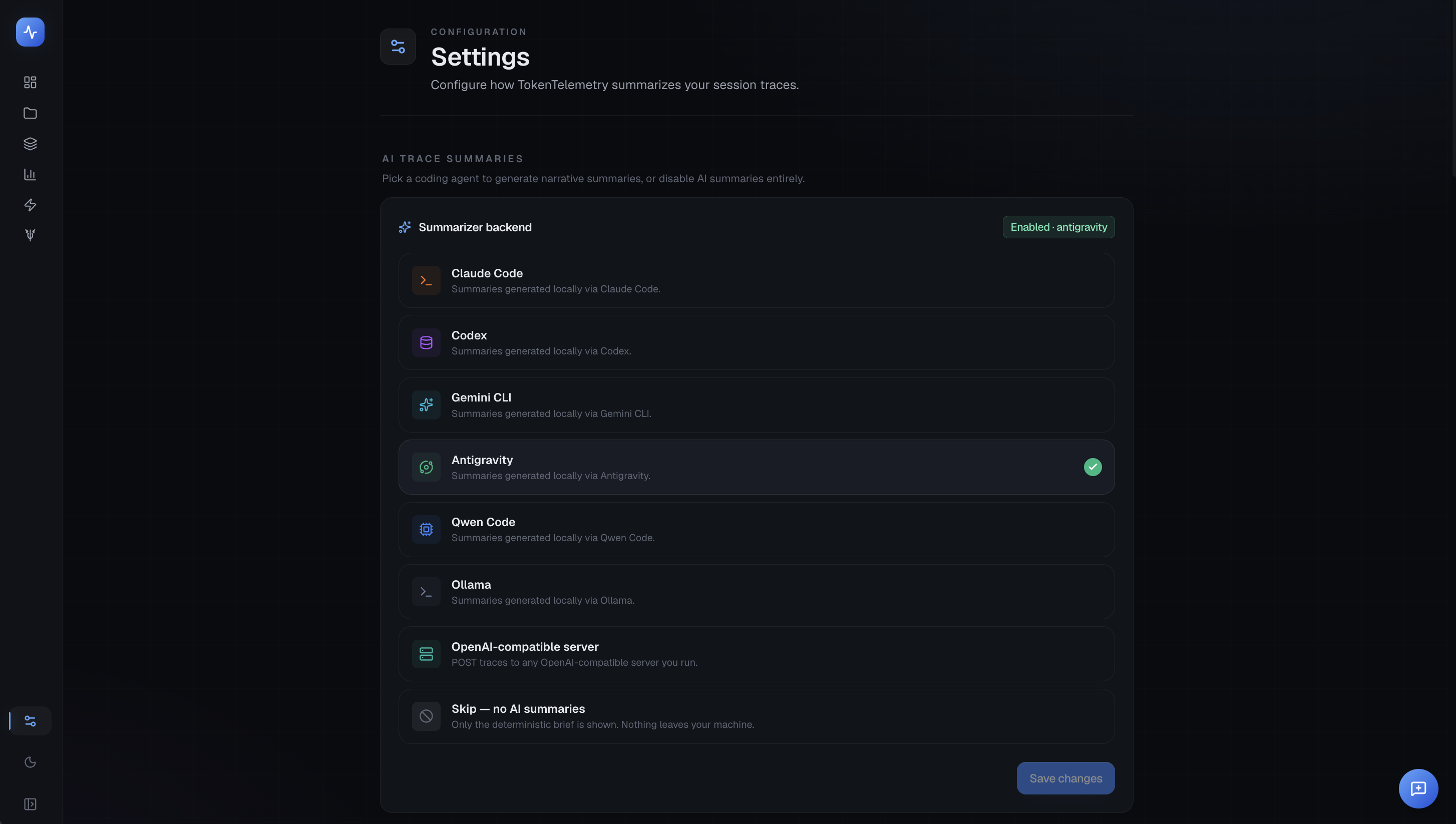 Summarizer backend picker showing Claude Code, Codex, Gemini CLI, Antigravity, Qwen Code, Ollama, OpenAI-compatible server, and Skip options