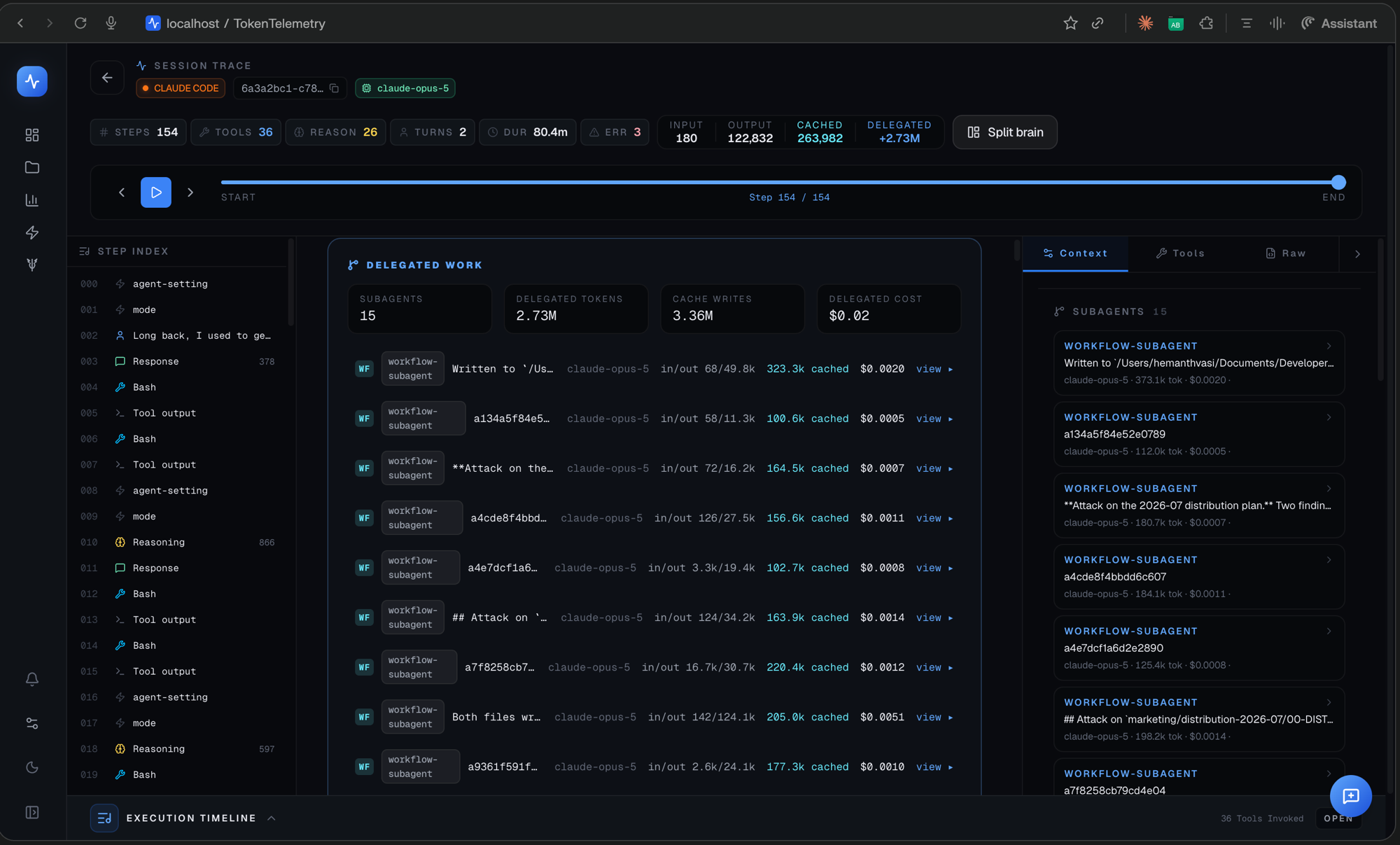Workflow subagents in a session's Delegated work card